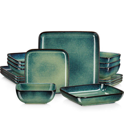 Vancasso Stern Dinner Set Green Square Kiln Change Glaze Tableware 16 Piece Kitchen Dinnerware Ceramic Crockery Set for 4 Person