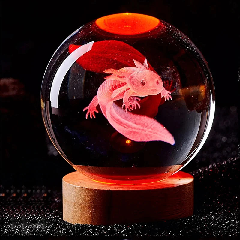 3D Axolotl Laser Engraved Crystal Ball Coloured Night Light