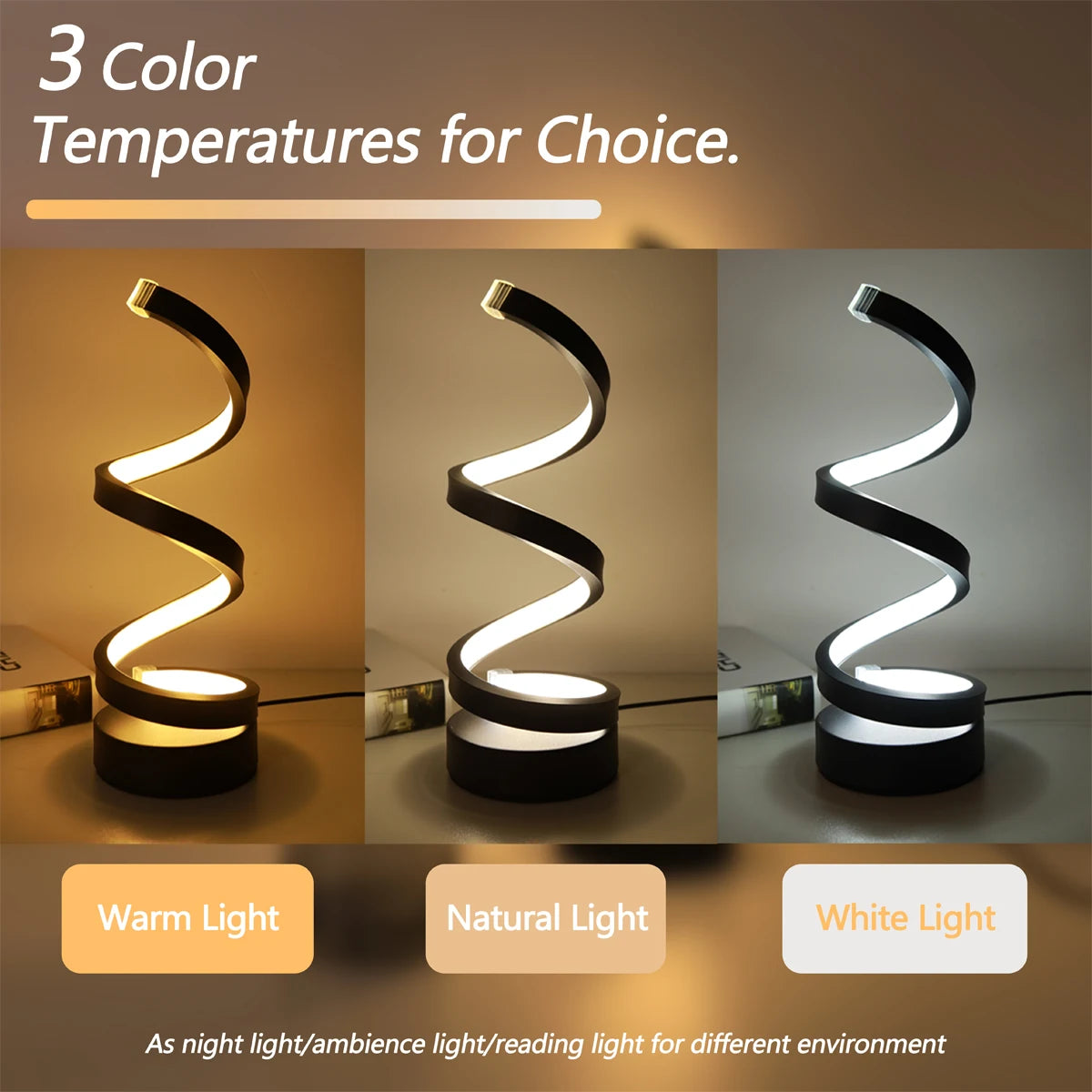 Modern Minimalist Spiral Desk Lamp, Wire Controlled Three Color LED Ambient Light