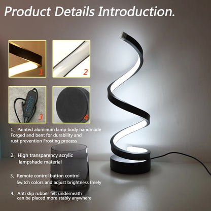 Modern Minimalist Spiral Desk Lamp, Wire Controlled Three Color LED Ambient Light