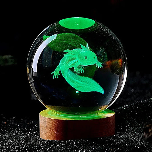 3D Axolotl Laser Engraved Crystal Ball Coloured Night Light