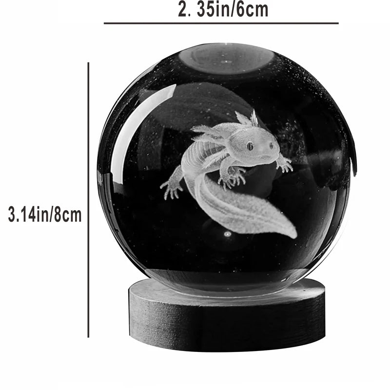 3D Axolotl Laser Engraved Crystal Ball Coloured Night Light