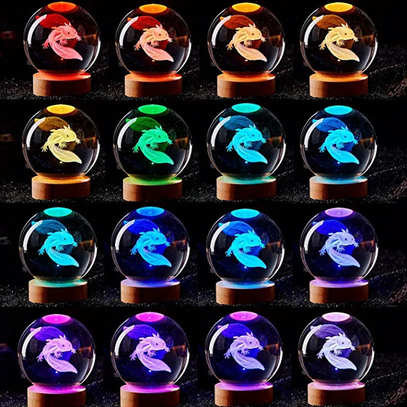 3D Axolotl Laser Engraved Crystal Ball Coloured Night Light