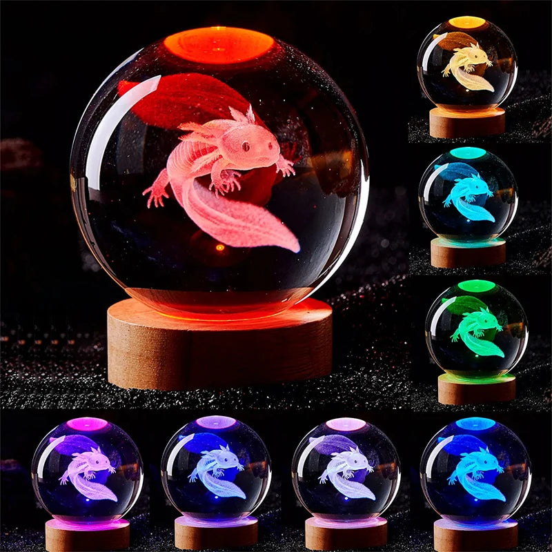 3D Axolotl Laser Engraved Crystal Ball Coloured Night Light