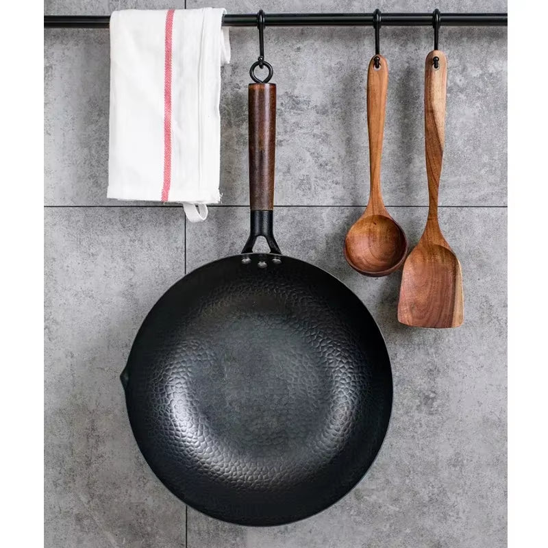 Carbon Steel Wok Pan 32Cm Stir Fry Wok Set with Wooden Lid Non-Stick Flat Bottom Frying Pan for Electric Induction and Gas Stove